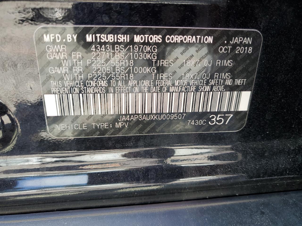 2019 Mitsubishi Outlander Sport Es VIN: JA4AP3AUXKU009507 Lot: 64540875