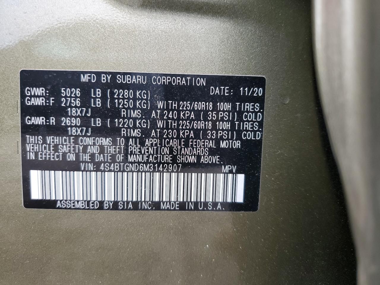 2021 Subaru Outback Limited Xt VIN: 4S4BTGND6M3142907 Lot: 63033285