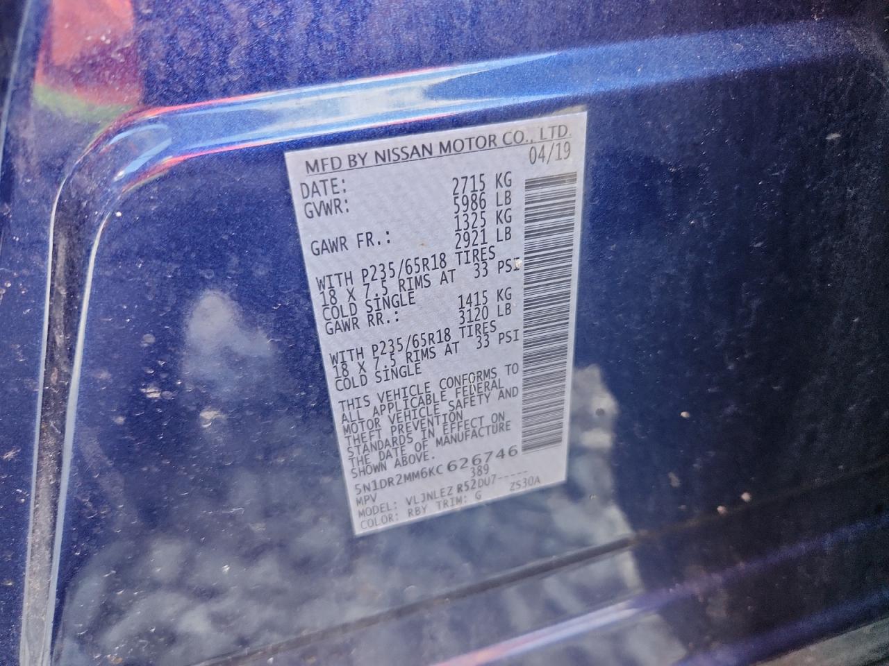 2019 Nissan Pathfinder S VIN: 5N1DR2MM6KC626746 Lot: 63018085