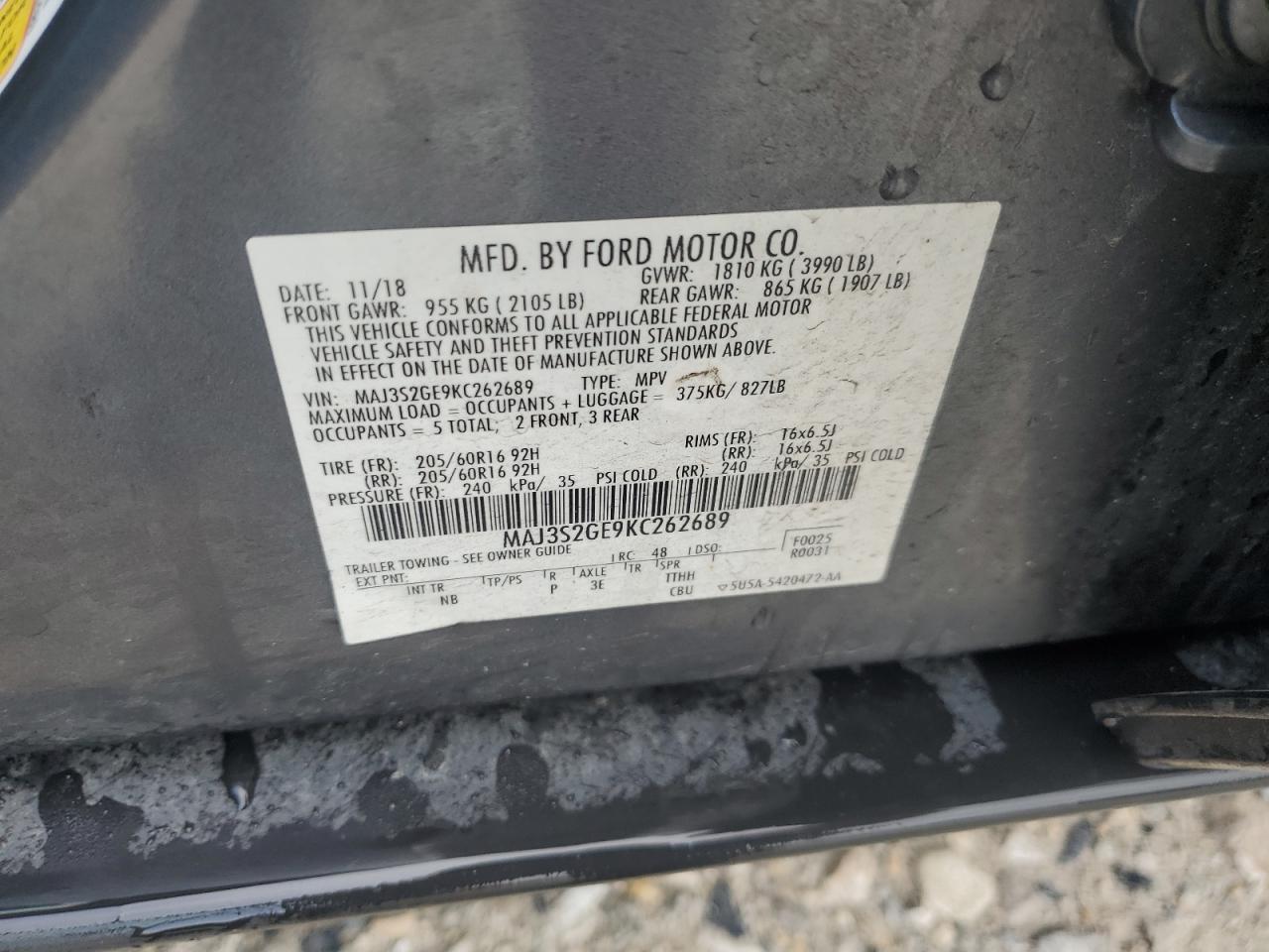 2019 Ford Ecosport Se VIN: MAJ3S2GE9KC262689 Lot: 66031495