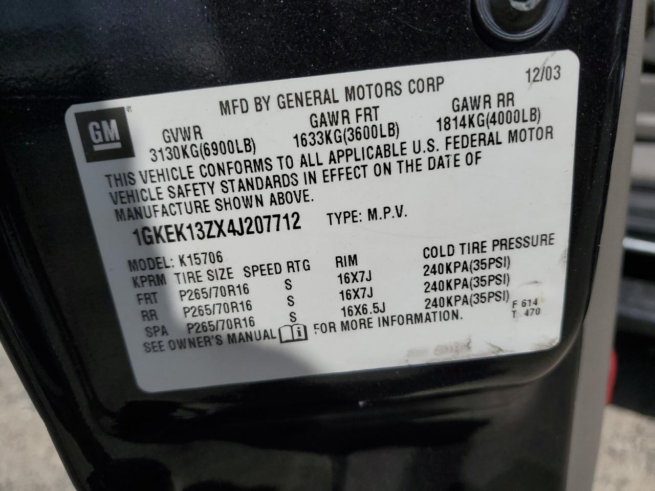 2004 GMC Yukon VIN: 1GKEK13ZX4J207712 Lot: 64474525