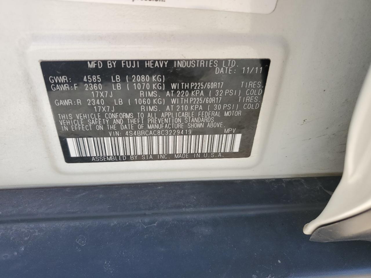 2012 Subaru Outback 2.5I VIN: 4S4BRCAC8C3229419 Lot: 66089185