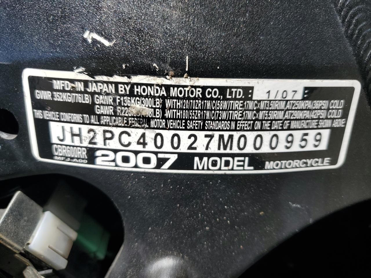 2007 Honda Cbr600 Rr VIN: JH2PC40027M000959 Lot: 63869735