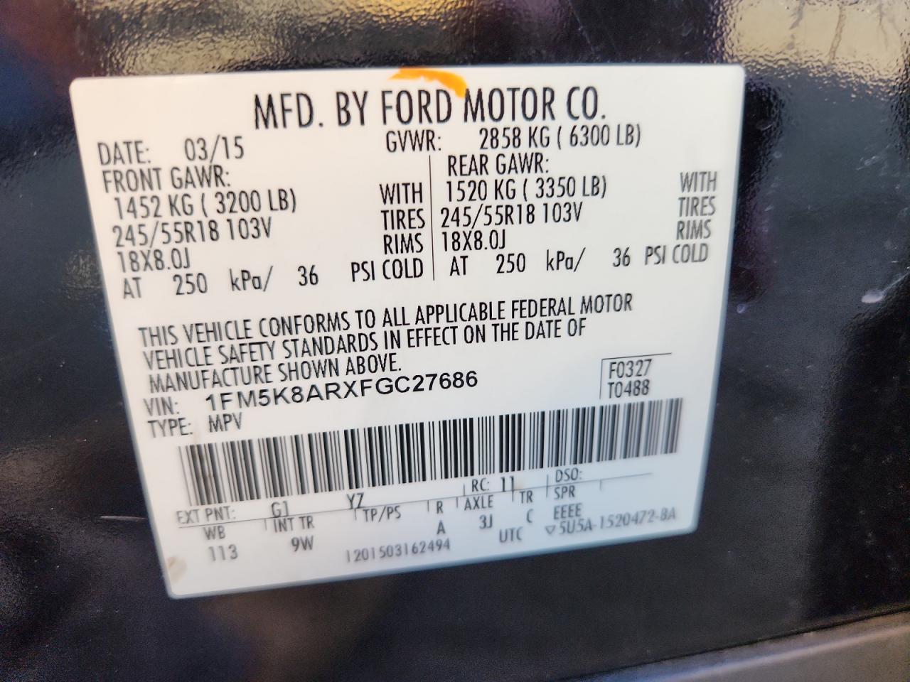 2015 Ford Explorer Police Interceptor VIN: 1FM5K8ARXFGC27686 Lot: 64974325