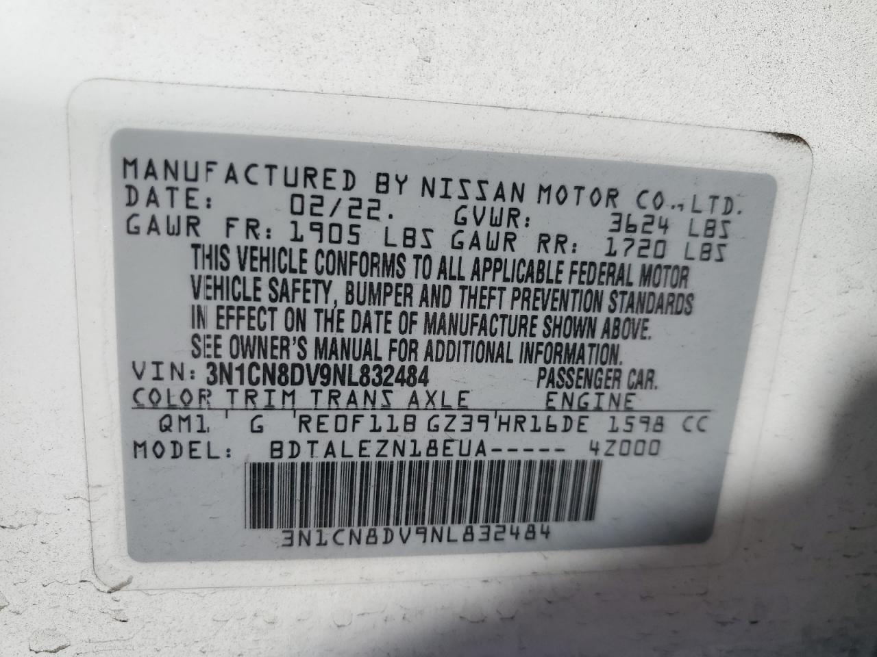 2022 Nissan Versa S VIN: 3N1CN8DV9NL832484 Lot: 63753945