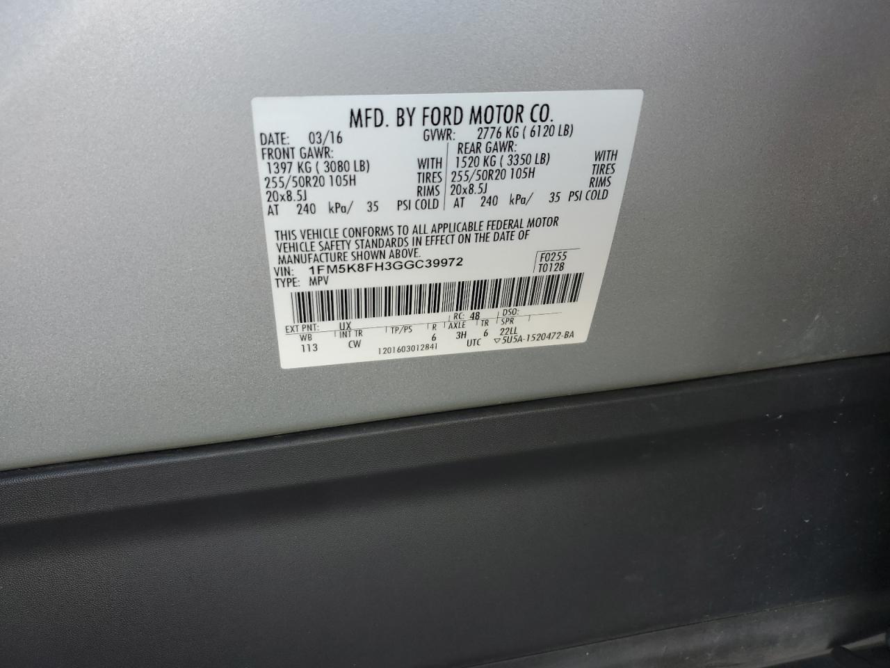 2016 Ford Explorer Limited VIN: 1FM5K8FH3GGC39972 Lot: 65739655