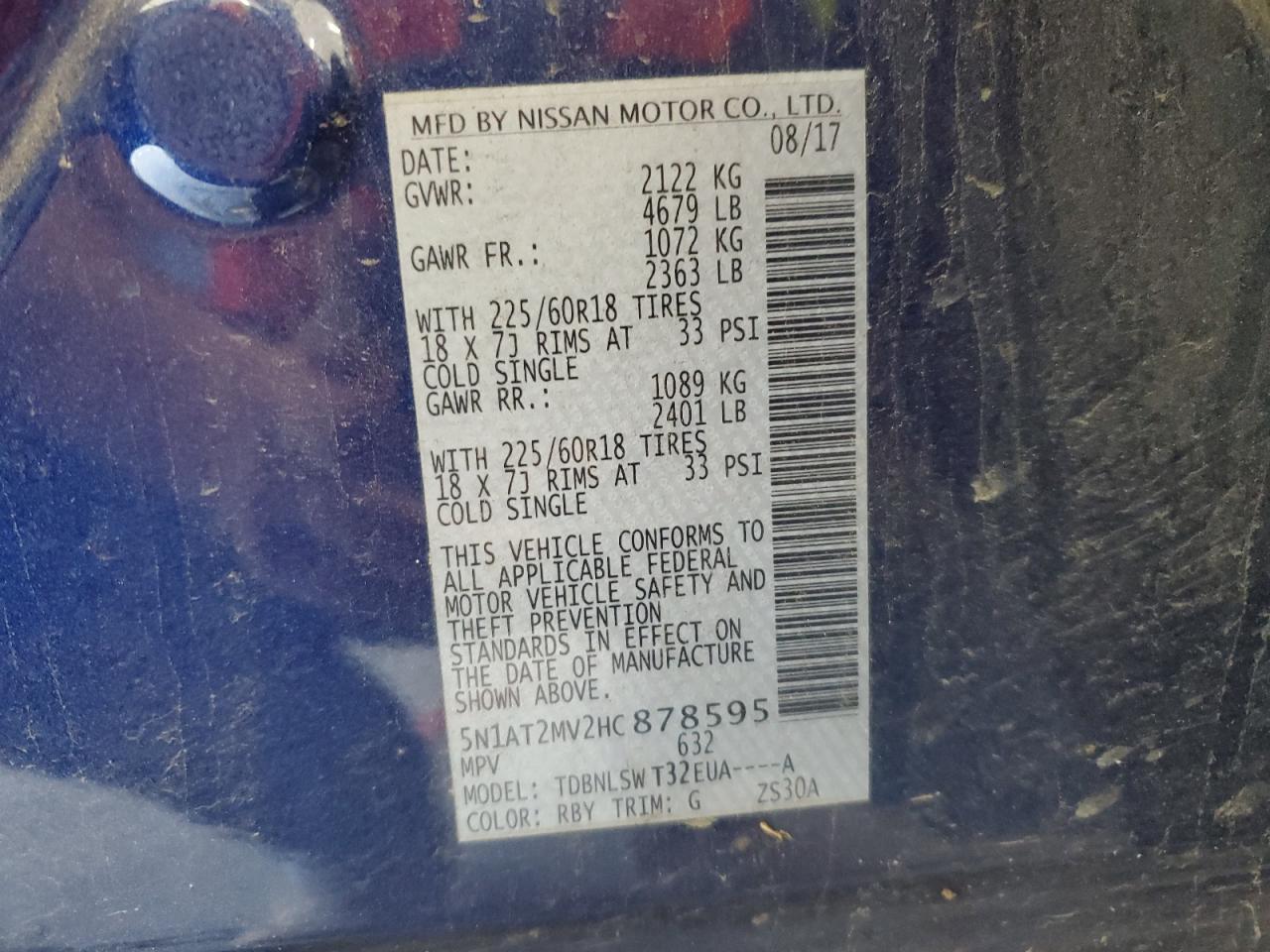 2017 Nissan Rogue Sv VIN: 5N1AT2MV2HC878595 Lot: 65213435