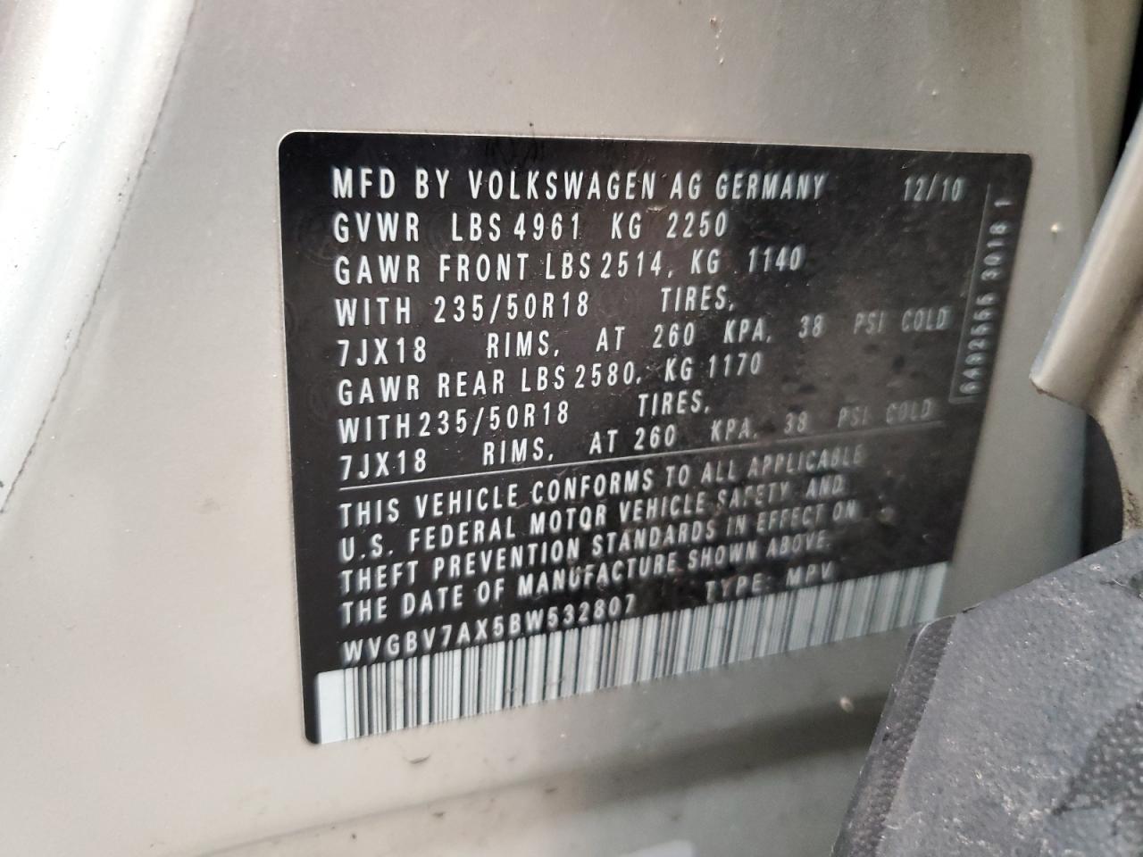 2011 Volkswagen Tiguan S VIN: WVGBV7AX5BW532807 Lot: 65656655