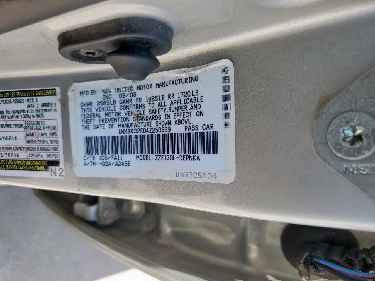 2004 Toyota Corolla Ce VIN: 1NXBR32E04Z250339 Lot: 65378135