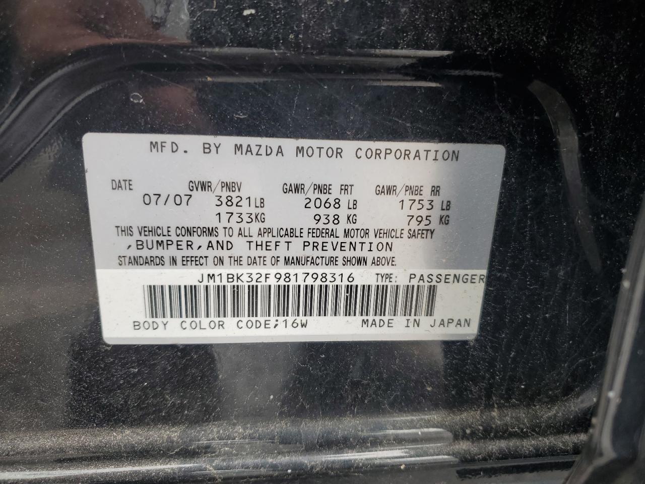 2008 Mazda 3 I VIN: JM1BK32F981798316 Lot: 64849625
