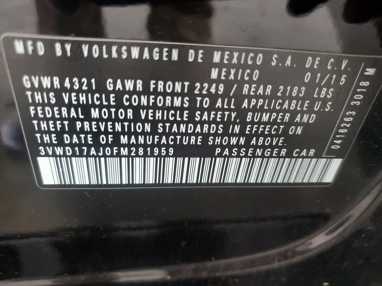 2015 Volkswagen Jetta Se VIN: 3VWD17AJ0FM281959 Lot: 65125035