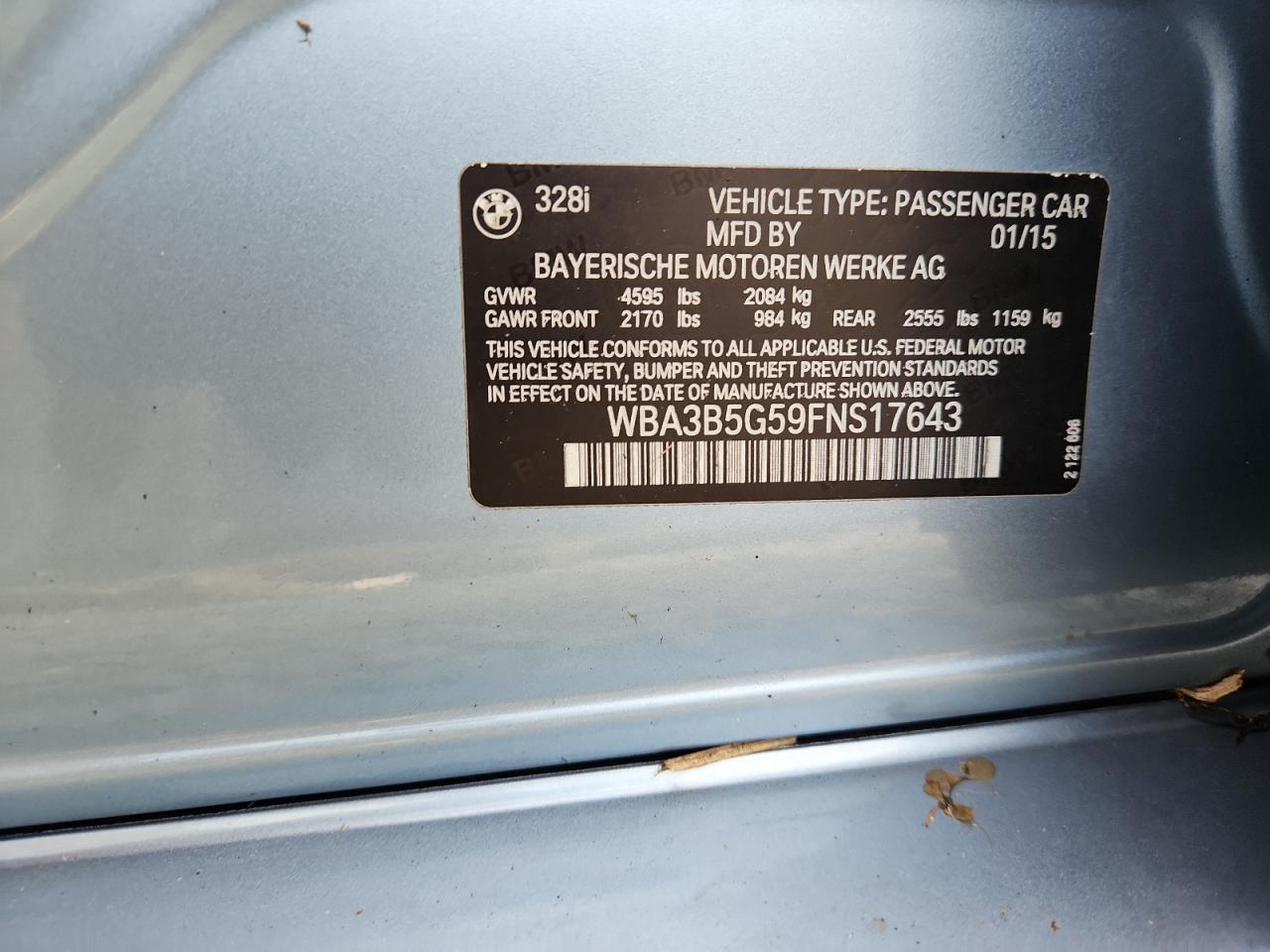2015 BMW 328 Xi Sulev VIN: WBA3B5G59FNS17643 Lot: 65090235
