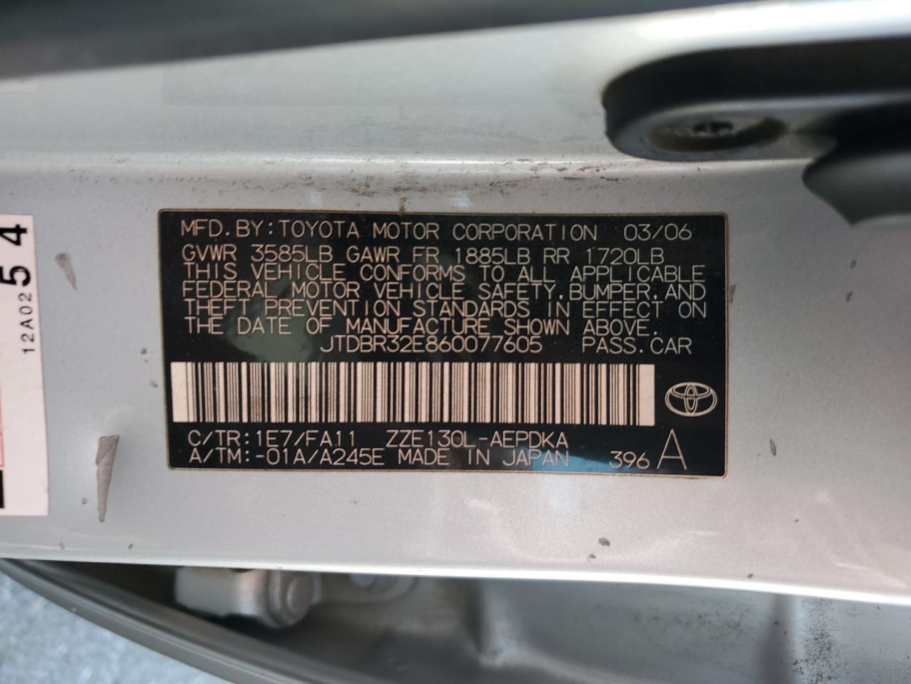2006 Toyota Corolla Ce VIN: JTDBR32E860077605 Lot: 65468505
