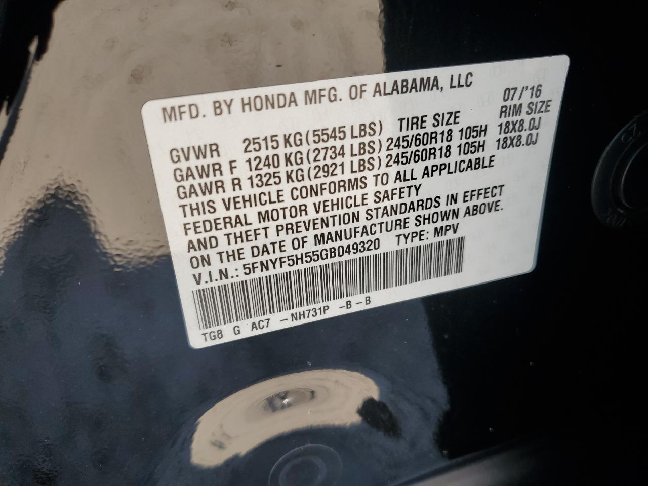 2016 Honda Pilot Exl VIN: 5FNYF5H55GB049320 Lot: 63922485