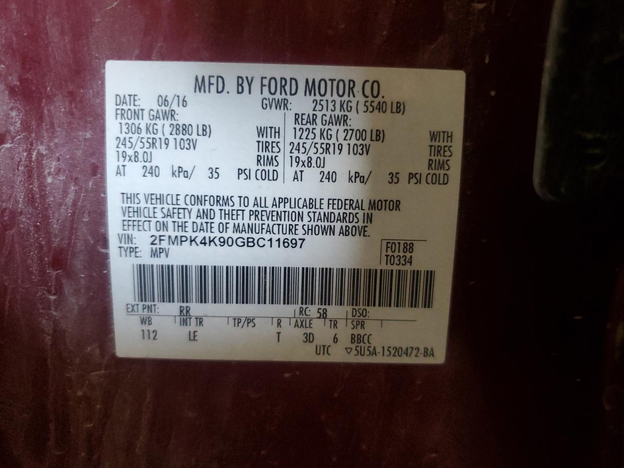 2016 Ford Edge Titanium VIN: 2FMPK4K90GBC11697 Lot: 63047335