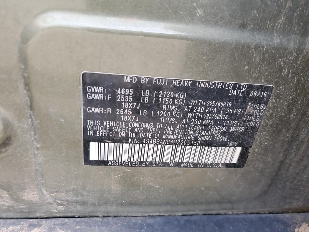 2017 Subaru Outback 2.5I Limited VIN: 4S4BSANC4H3205158 Lot: 66870295