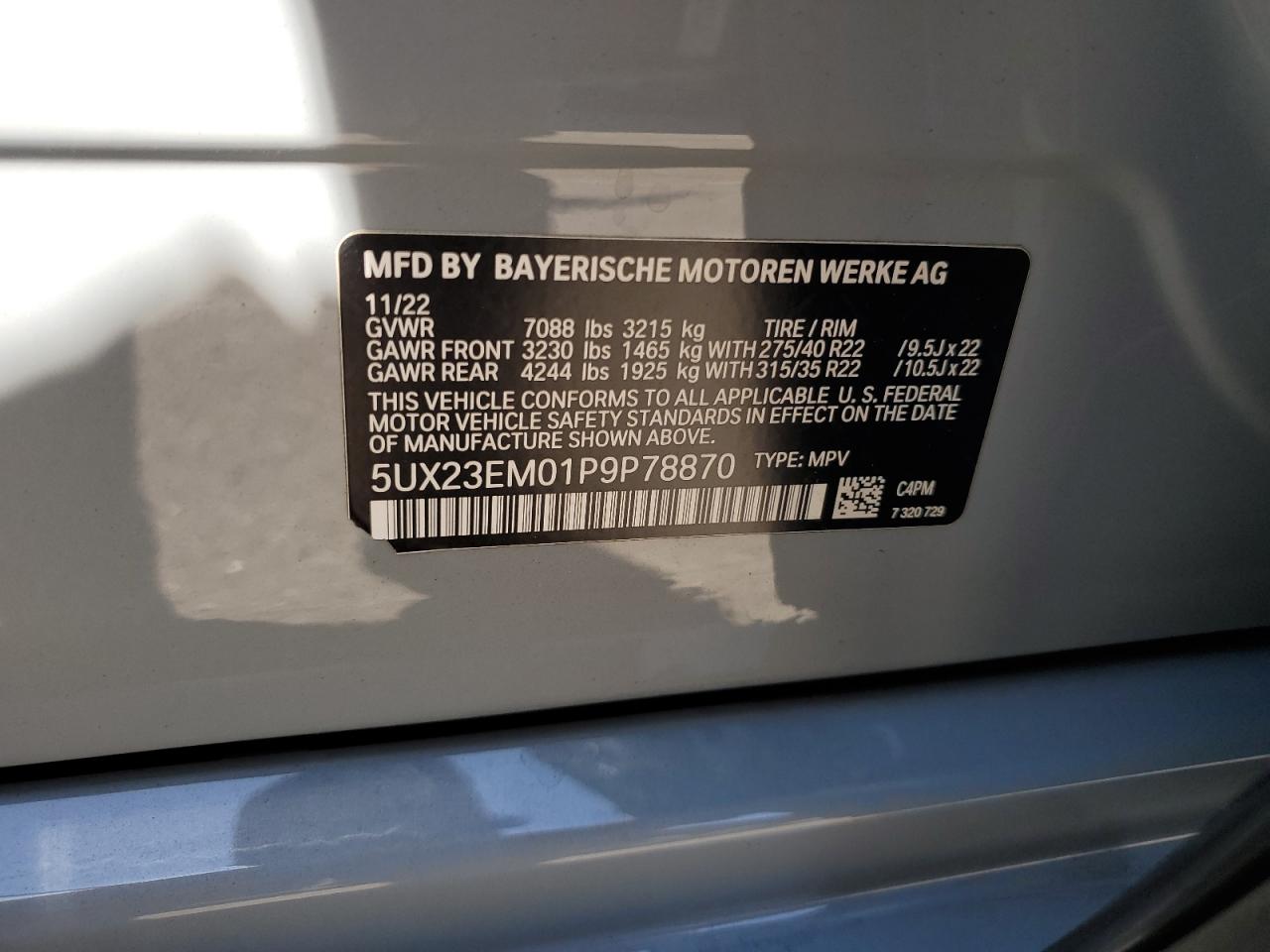 2023 BMW X7 xDrive40I VIN: 5UX23EM01P9P78870 Lot: 62580605