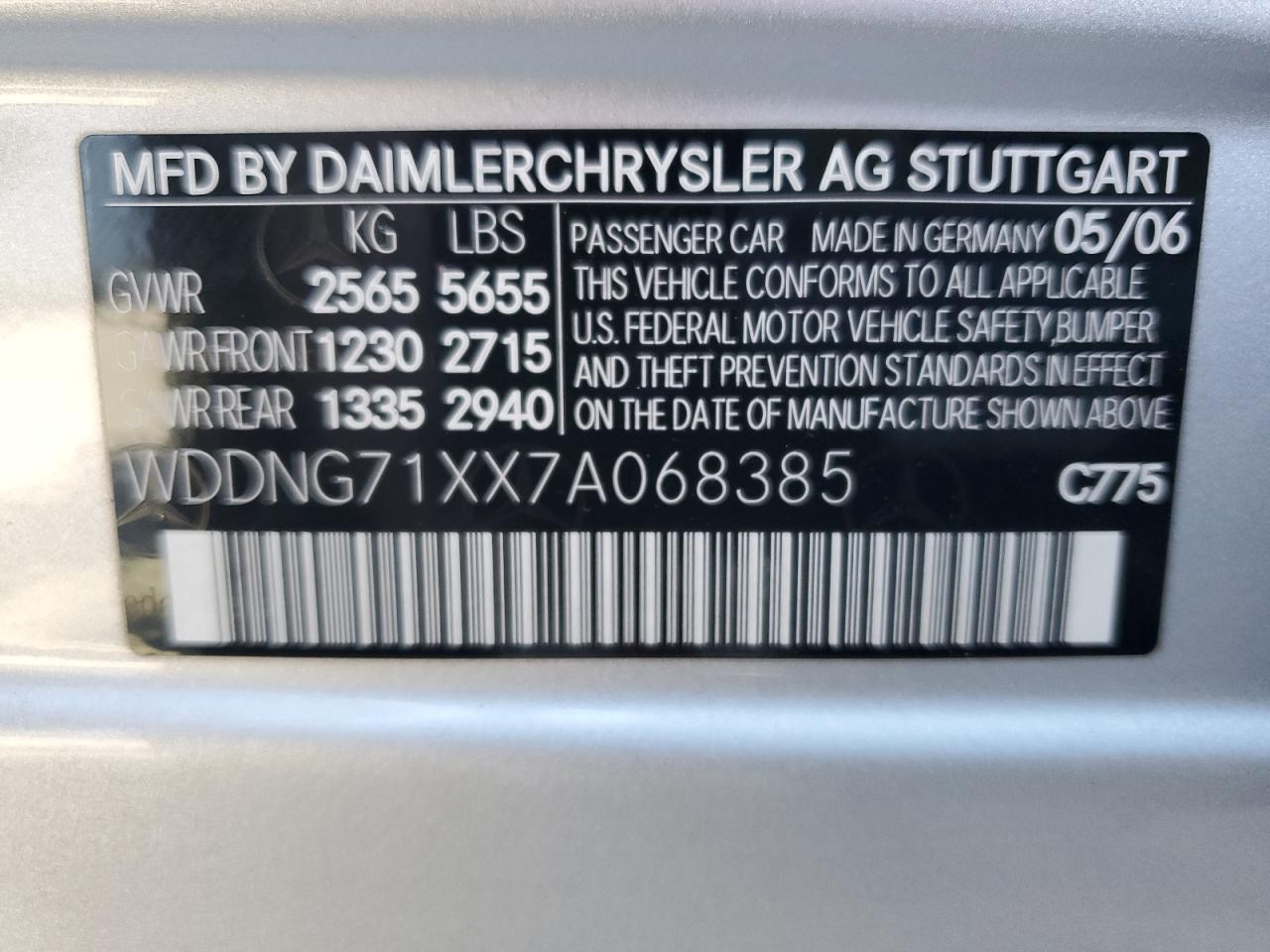 2007 Mercedes-Benz S 550 VIN: WDDNG71XX7A068385 Lot: 63872455