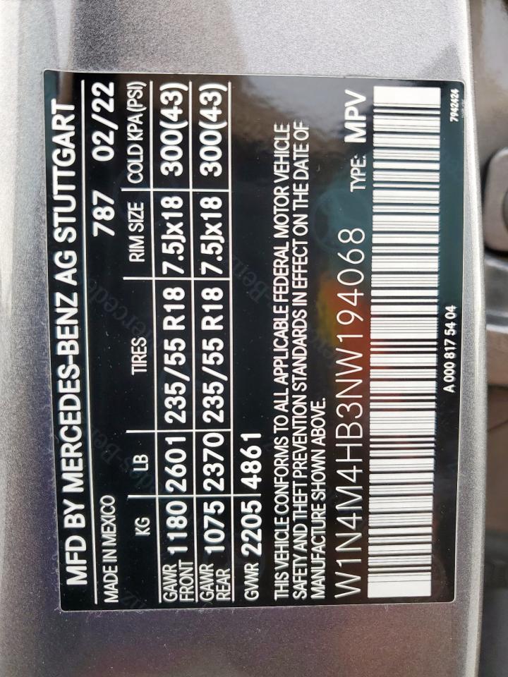 2022 Mercedes-Benz Glb 250 4Matic VIN: W1N4M4HB3NW194068 Lot: 63224455