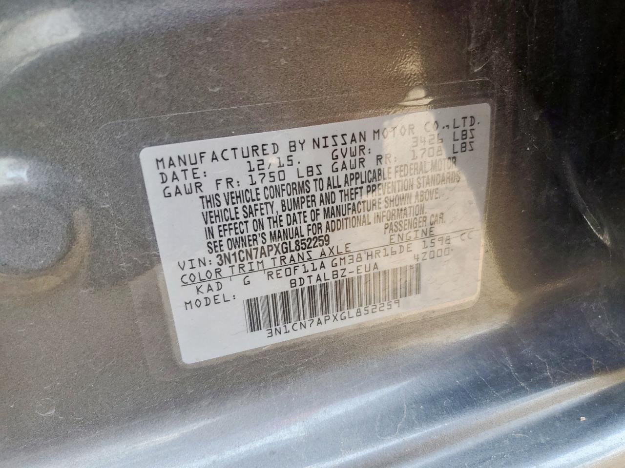 2016 Nissan Versa S VIN: 3N1CN7APXGL852259 Lot: 63572055