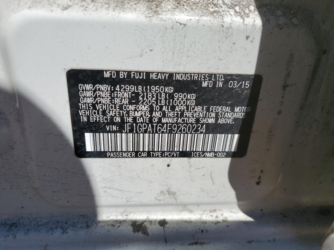 2015 Subaru Impreza Sport VIN: JF1GPAT64F9260234 Lot: 63564805