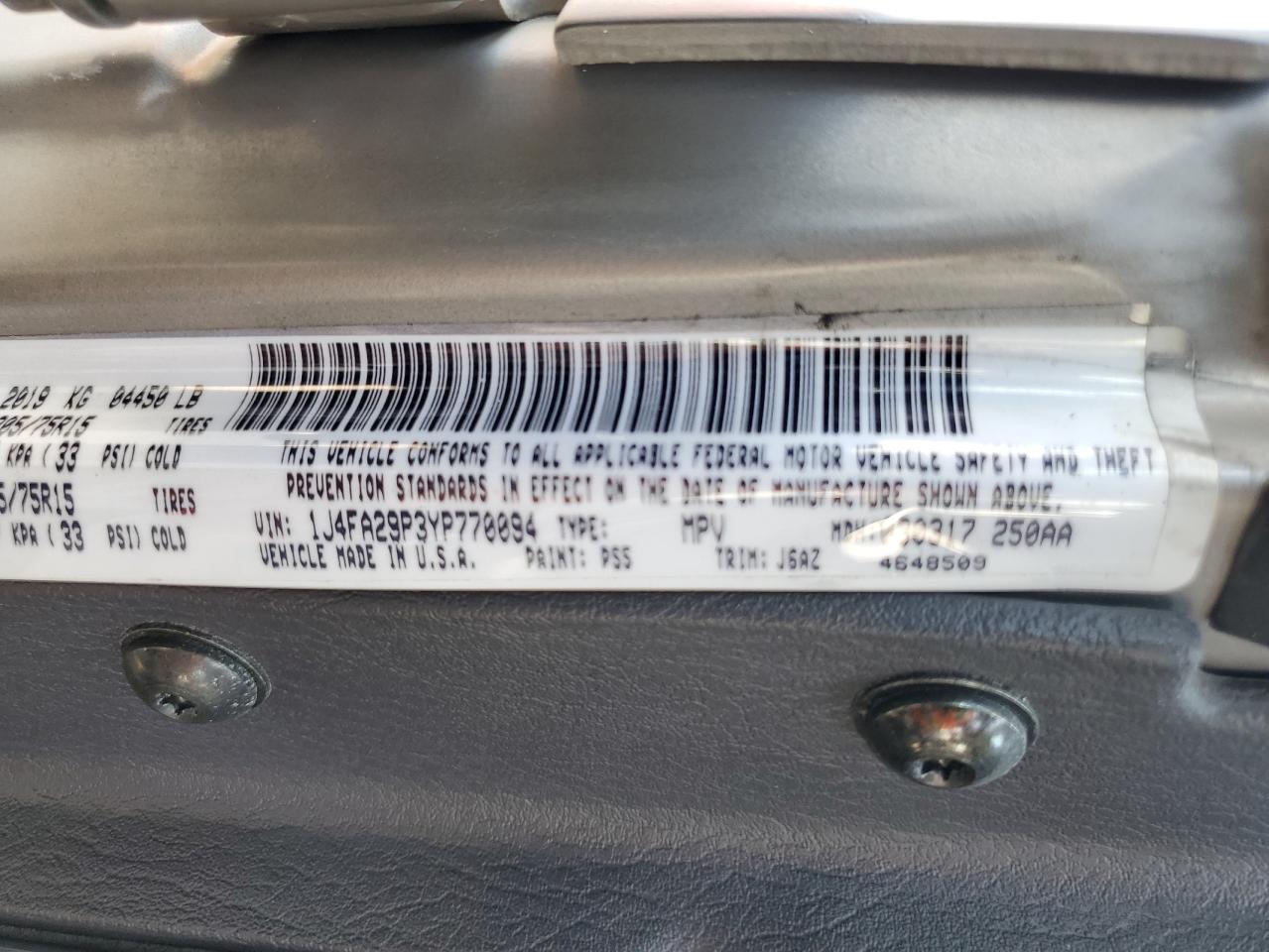 2000 Jeep Wrangler / Tj Se VIN: 1J4FA29P3YP770094 Lot: 65419385