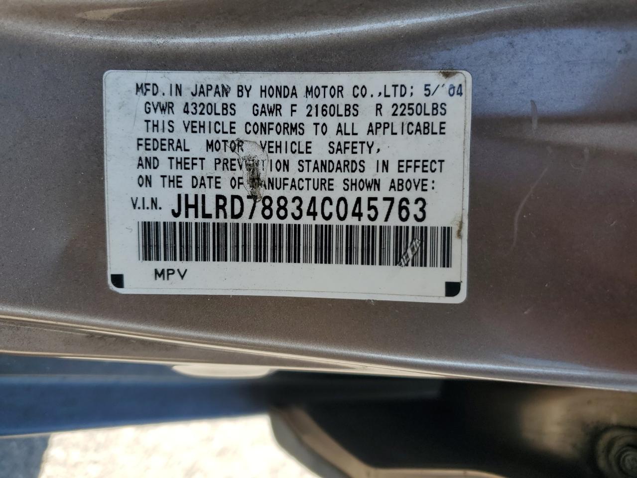 2004 Honda Cr-V Ex VIN: JHLRD78834C045763 Lot: 63244005