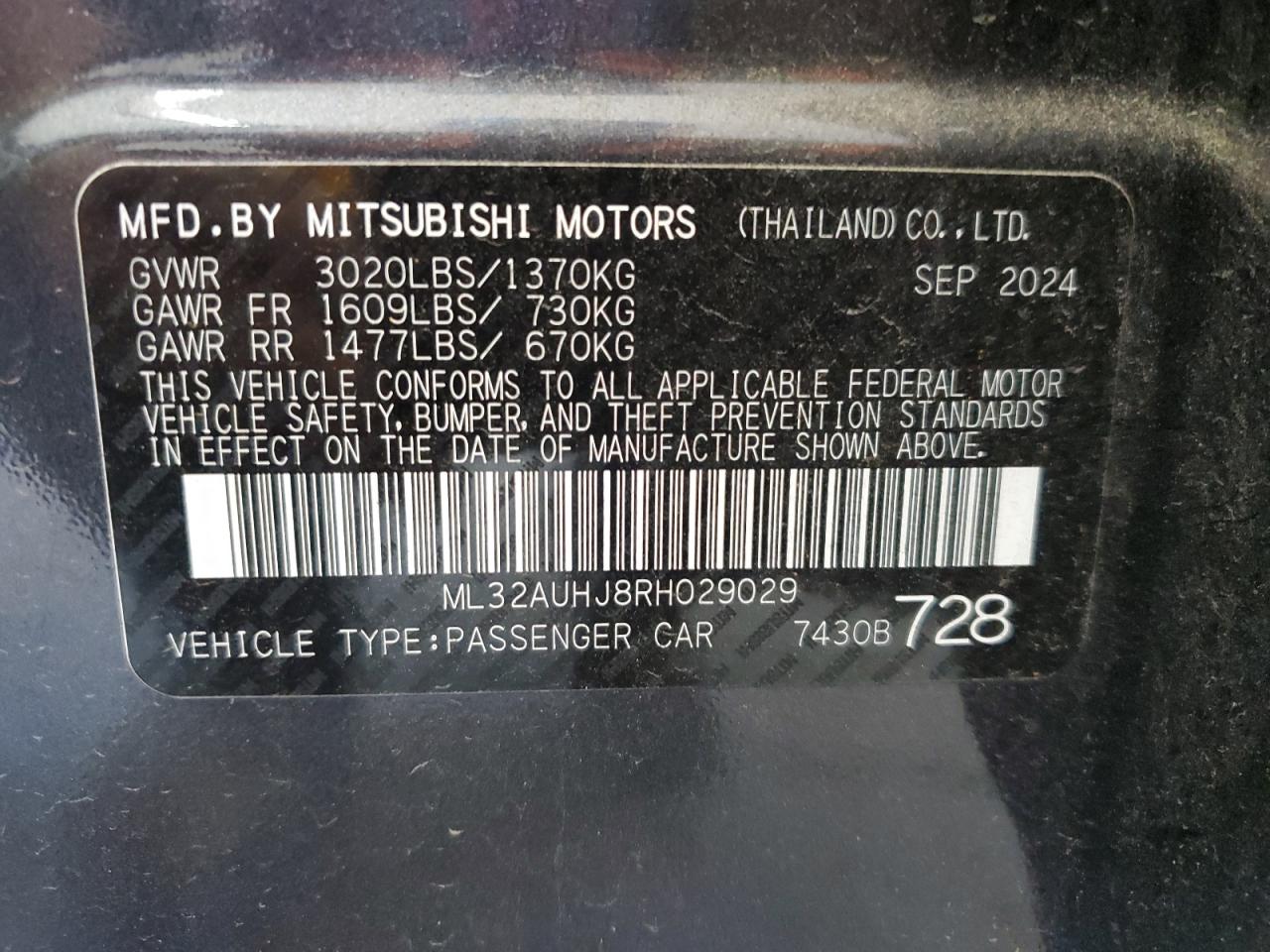 2024 Mitsubishi Mirage Es VIN: ML32AUHJ8RH029029 Lot: 64655535