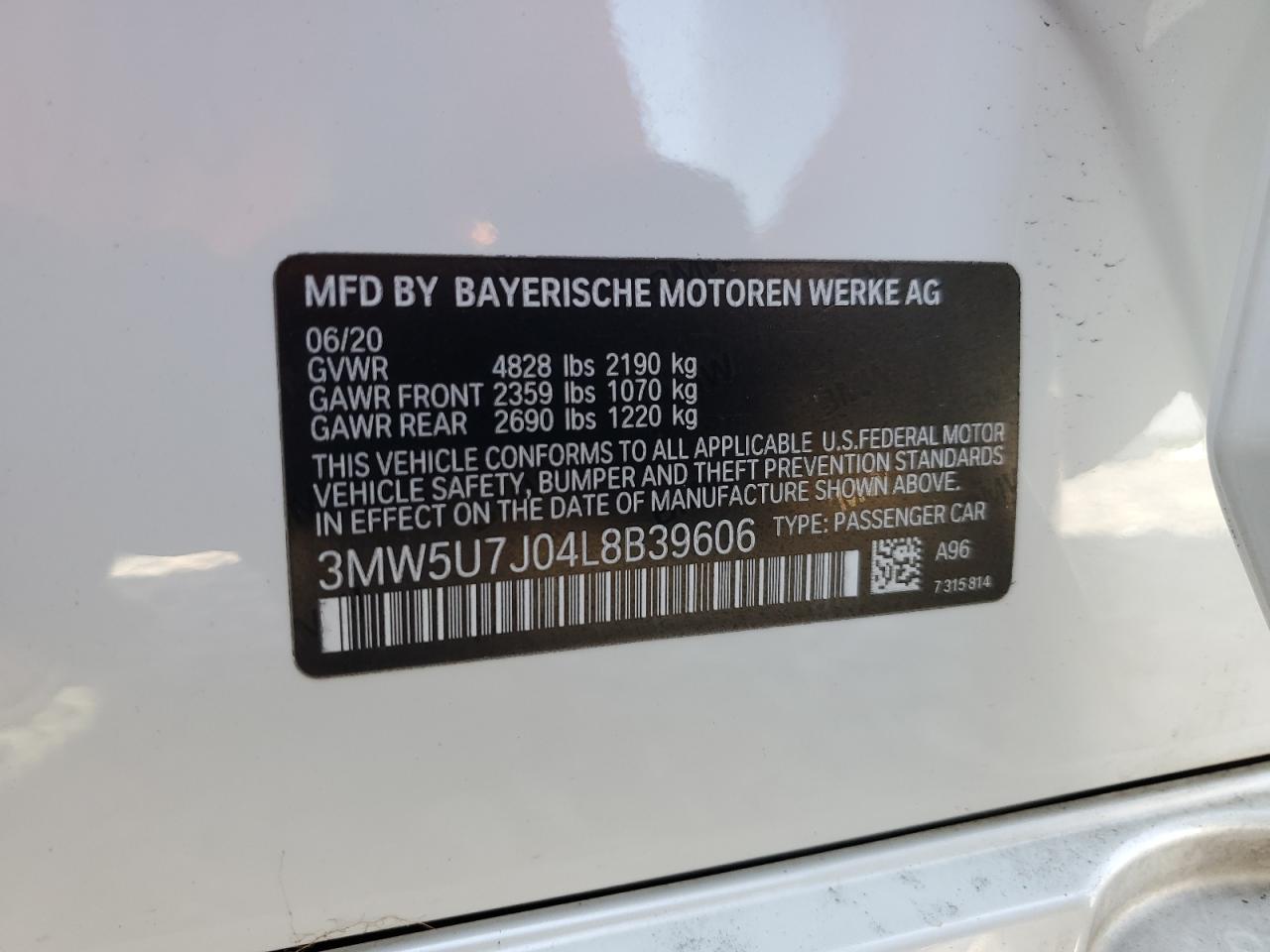 2020 BMW M340I VIN: 3MW5U7J04L8B39606 Lot: 63643675