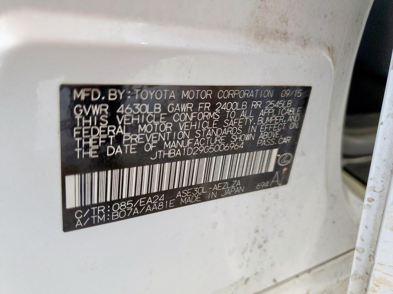 2016 Lexus Is 200T VIN: JTHBA1D29G5006964 Lot: 63976925