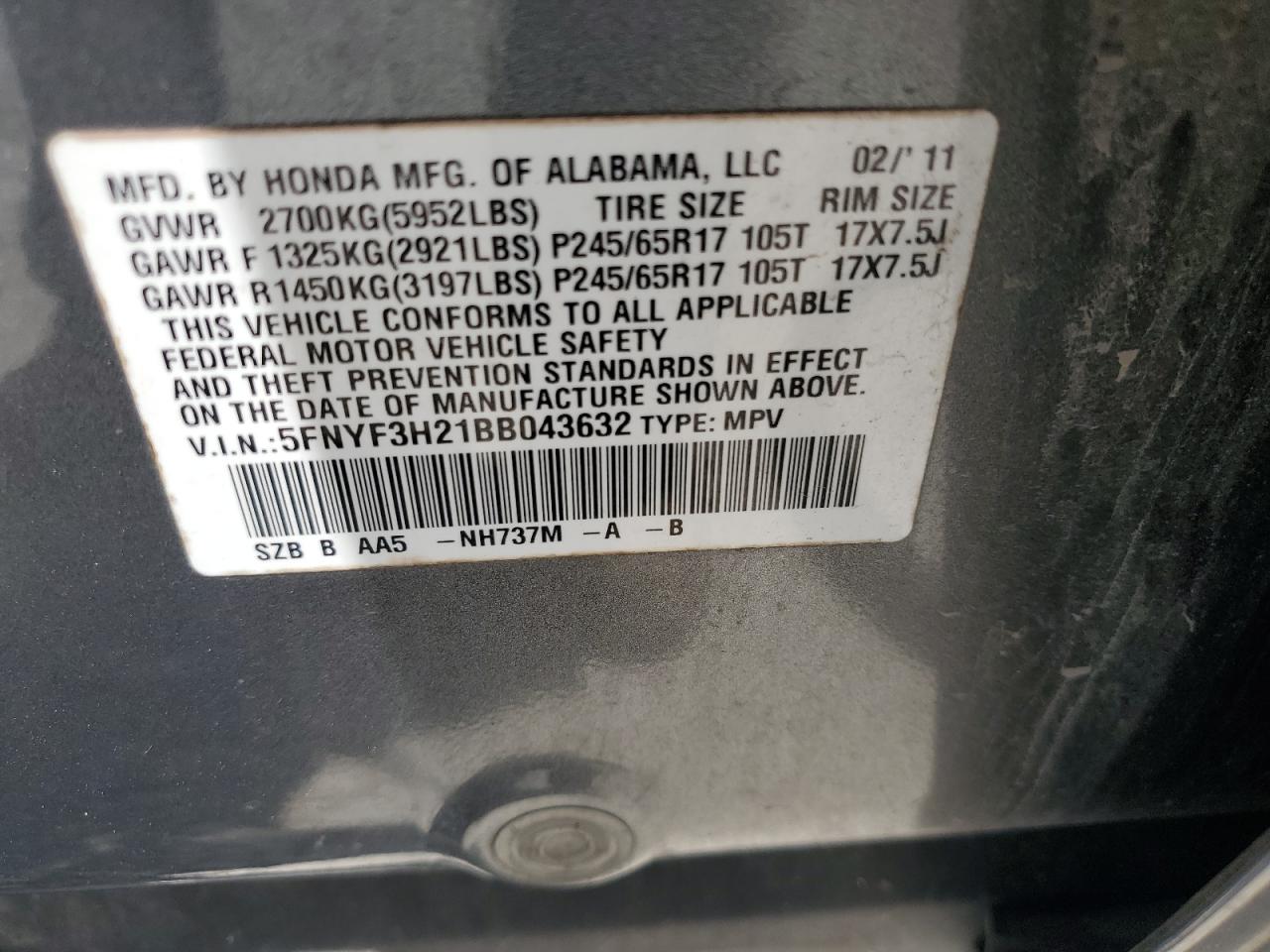 2011 Honda Pilot Lx VIN: 5FNYF3H21BB043632 Lot: 63917065