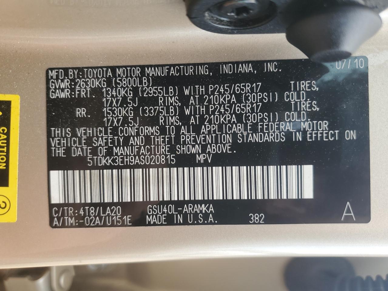 2010 Toyota Highlander Se VIN: 5TDKK3EH9AS020815 Lot: 66299535