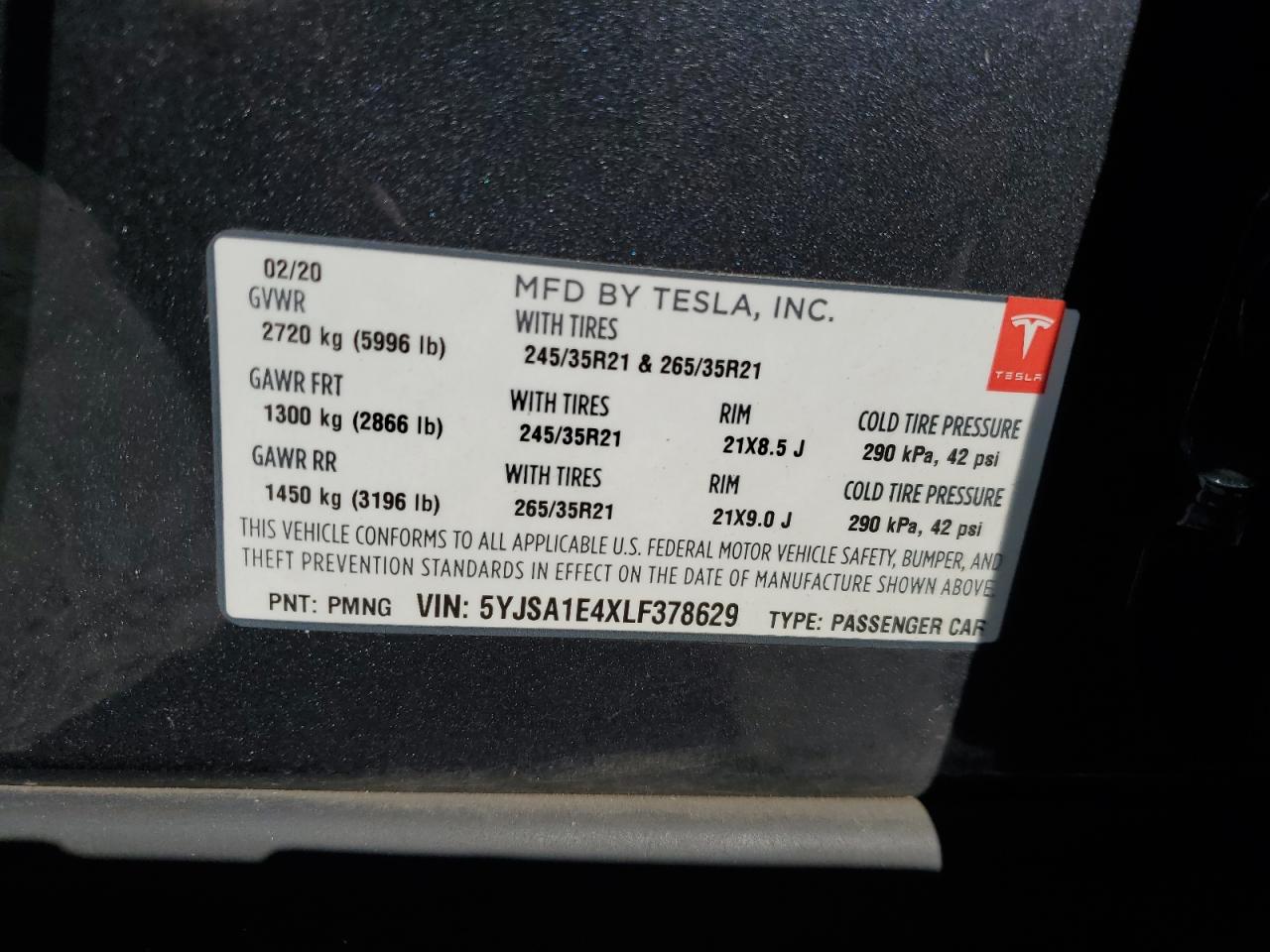 2020 Tesla Model S VIN: 5YJSA1E4XLF378629 Lot: 64206345