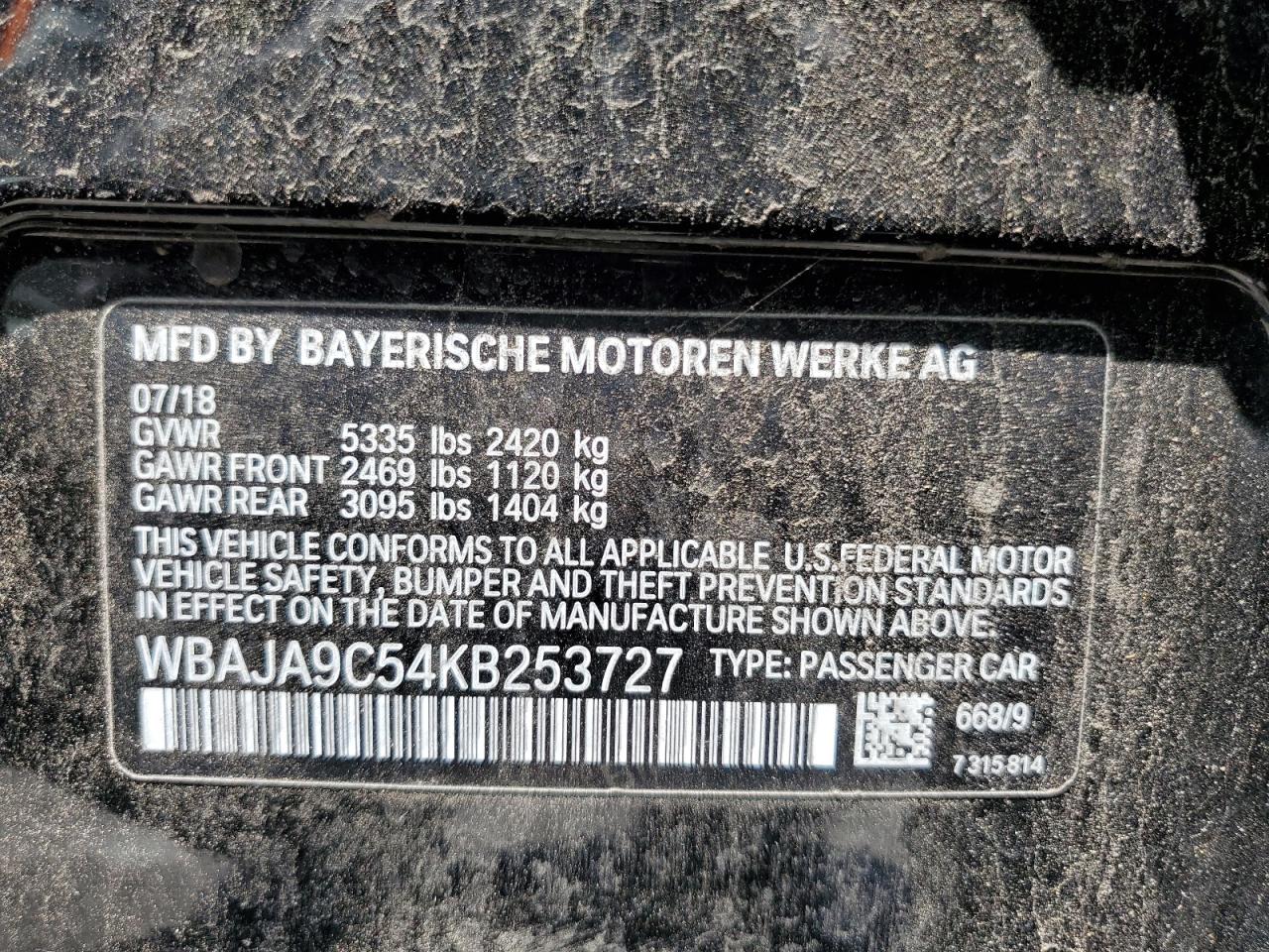 2019 BMW 530E VIN: WBAJA9C54KB253727 Lot: 63940945