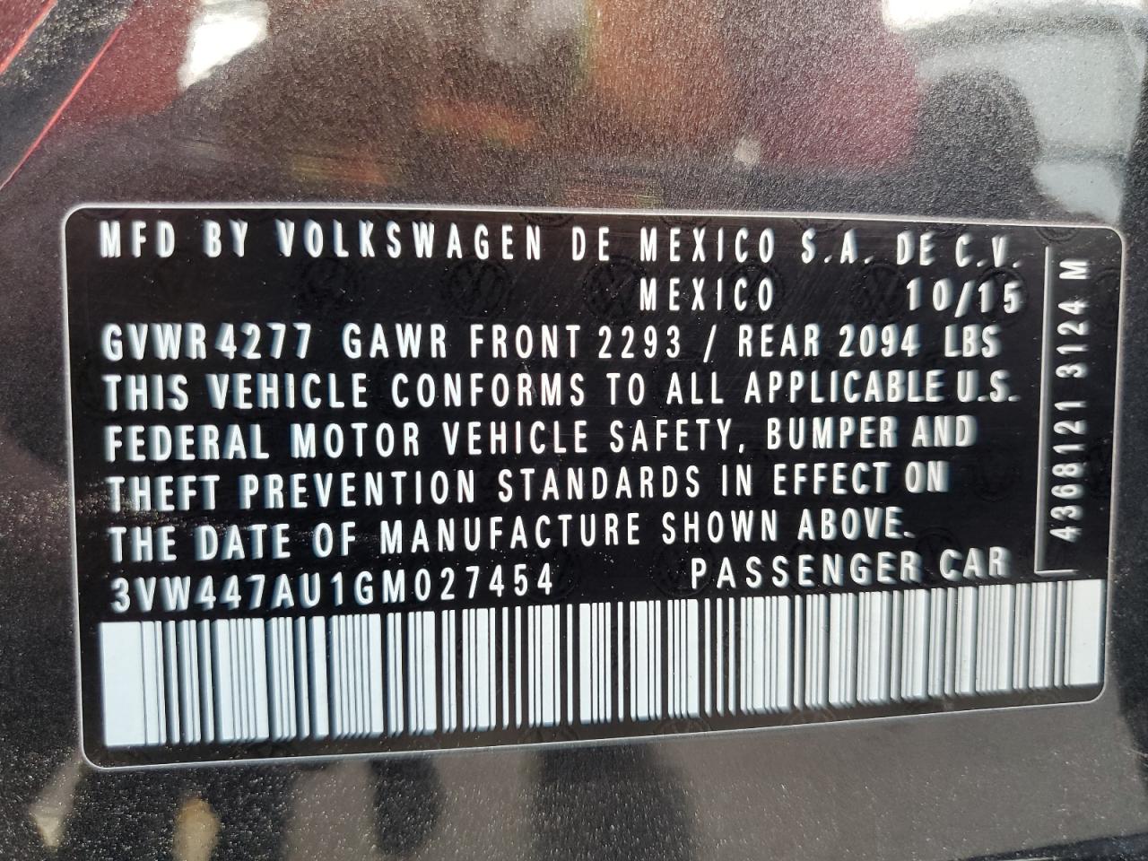 2016 Volkswagen Gti S/Se VIN: 3VW447AU1GM027454 Lot: 64630425