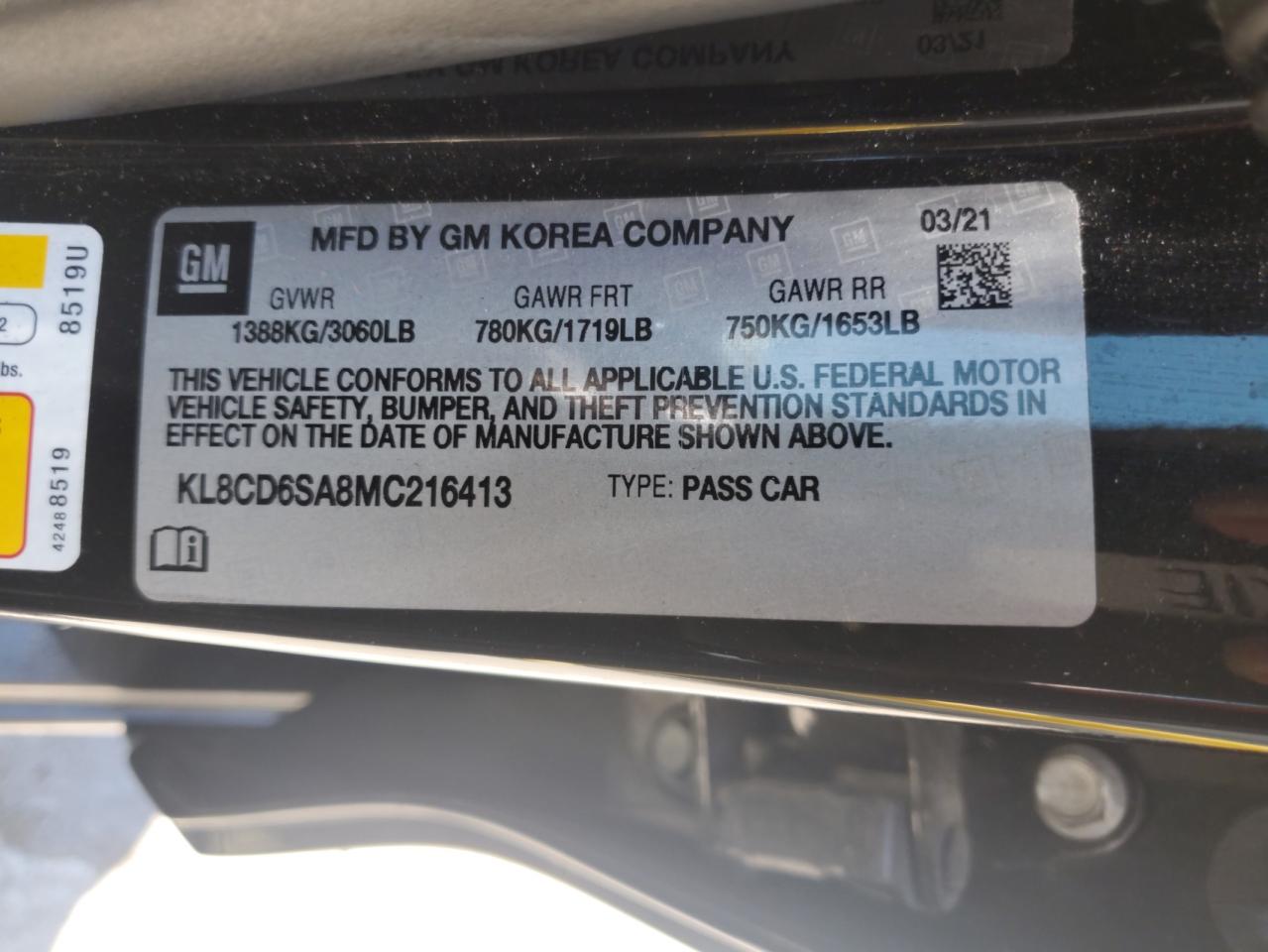 2021 Chevrolet Spark 1Lt VIN: KL8CD6SA8MC216413 Lot: 63042805