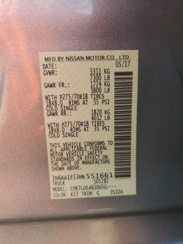 2017 Nissan Titan Sv VIN: 1N6AA1E53HN551661 Lot: 65382175