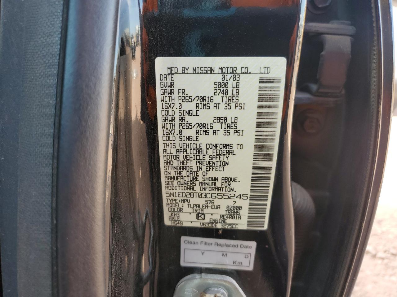 5n1ed28t03c655245 5N1ED28T03C655245 2003 Nissan Xterra Xe