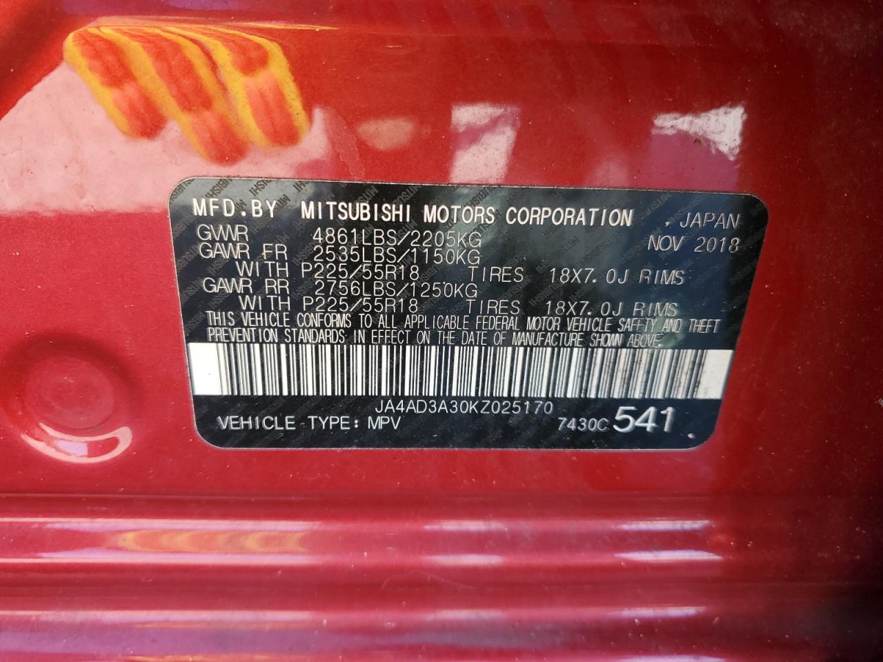 2019 Mitsubishi Outlander Se VIN: JA4AD3A30KZ025170 Lot: 65555445