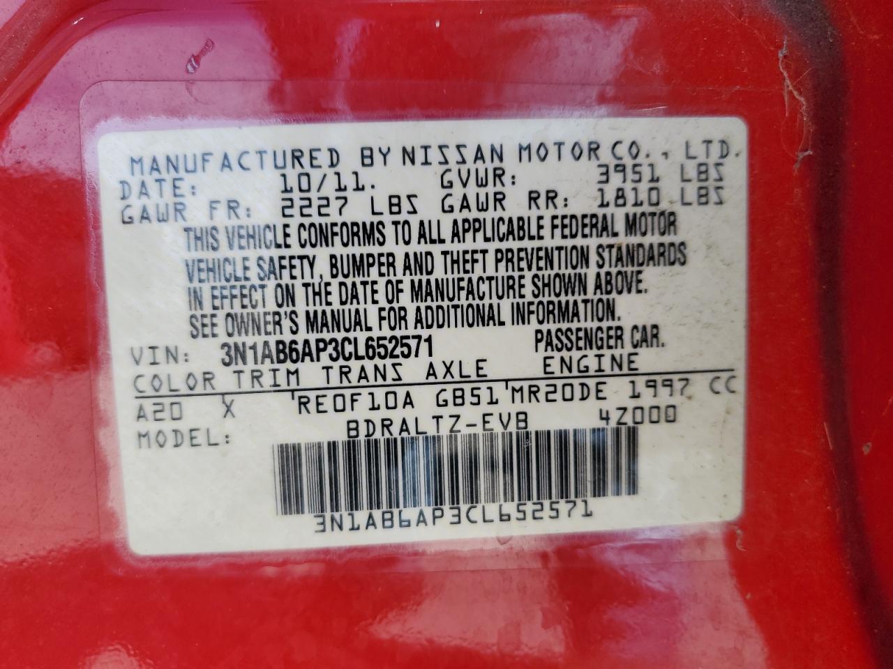 2012 Nissan Sentra 2.0 VIN: 3N1AB6AP3CL652571 Lot: 63545345