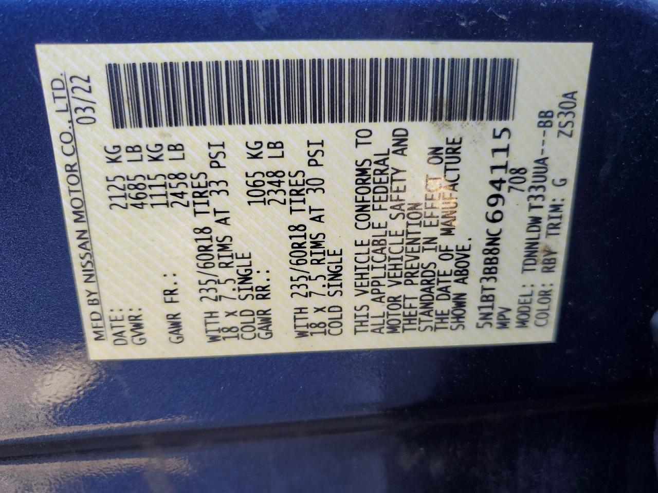 2022 Nissan Rogue Sv VIN: 5N1BT3BB8NC694115 Lot: 66394665