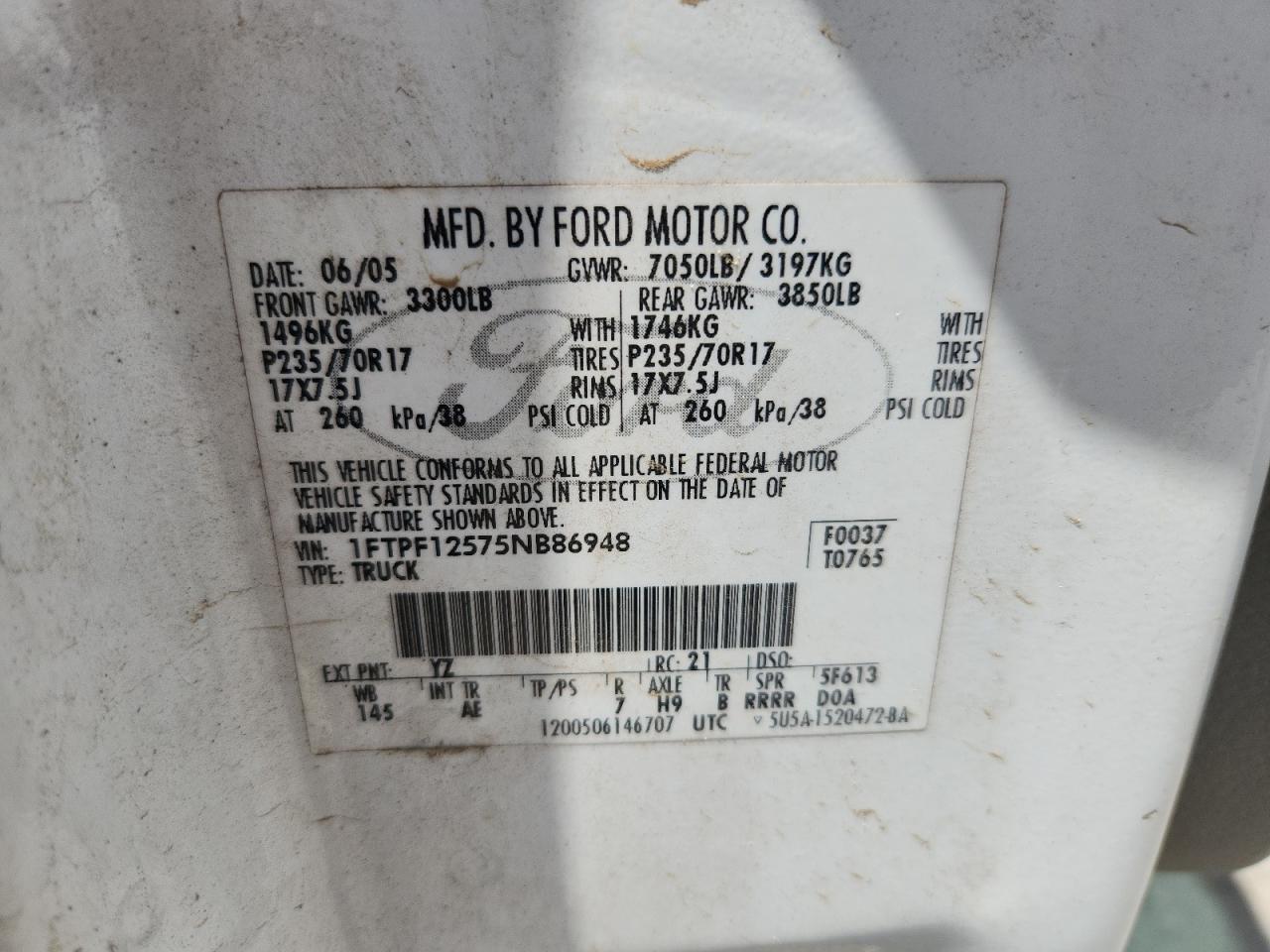 2005 Ford F150 VIN: 1FTPF12575NB86948 Lot: 65038965