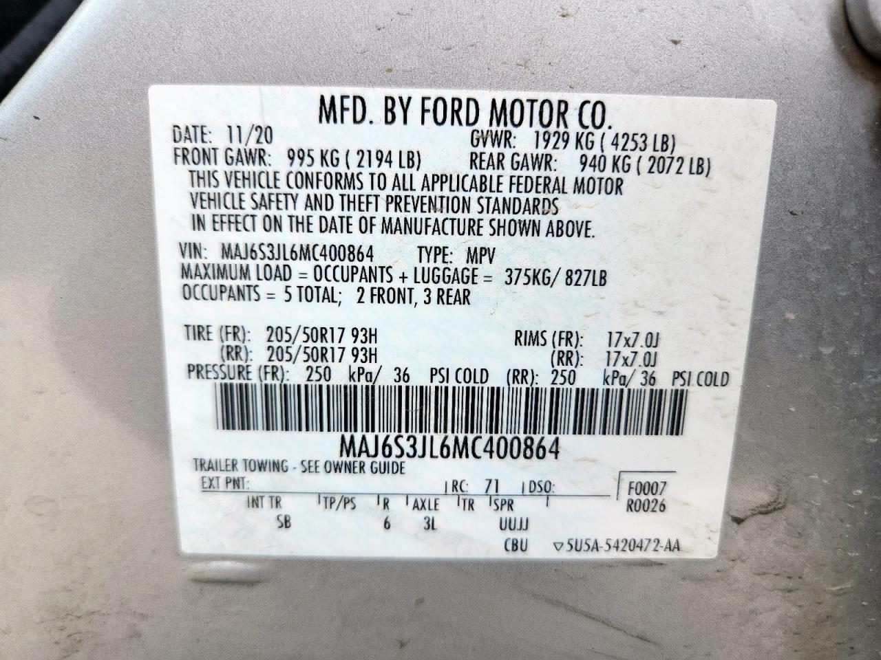 2021 Ford Ecosport Ses VIN: MAJ6S3JL6MC400864 Lot: 63208145