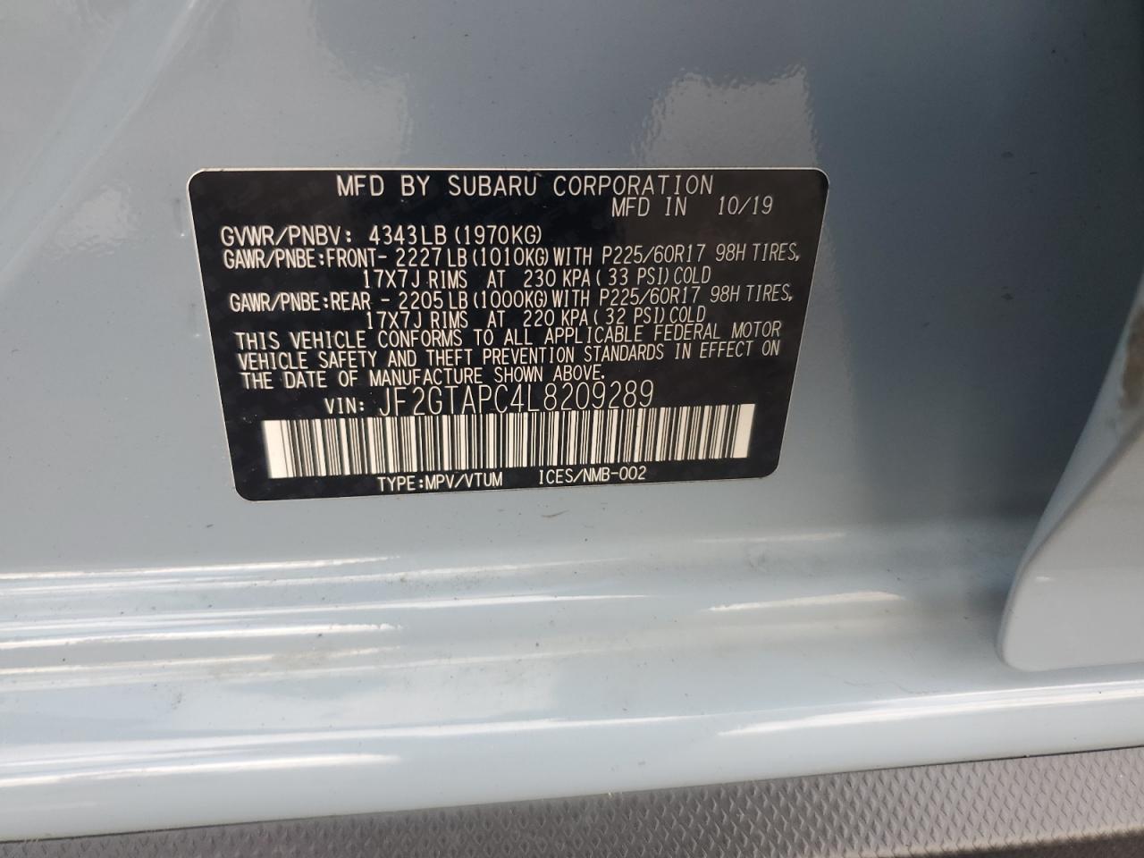 2020 Subaru Crosstrek Premium VIN: JF2GTAPC4L8209289 Lot: 64810295