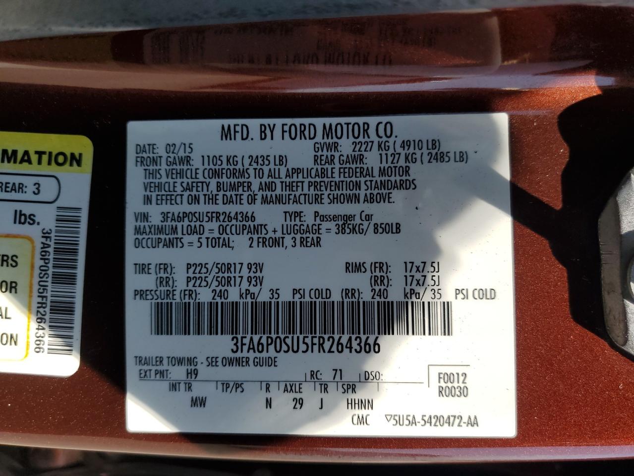 2015 Ford Fusion Titanium Phev VIN: 3FA6P0SU5FR264366 Lot: 53253955