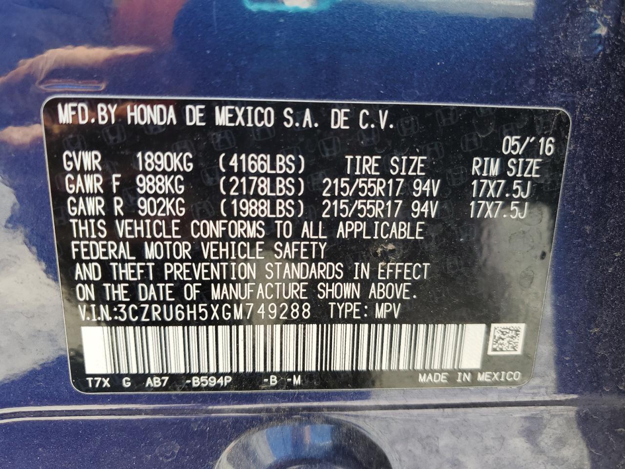 2016 Honda Hr-V Ex VIN: 3CZRU6H5XGM749288 Lot: 63345265