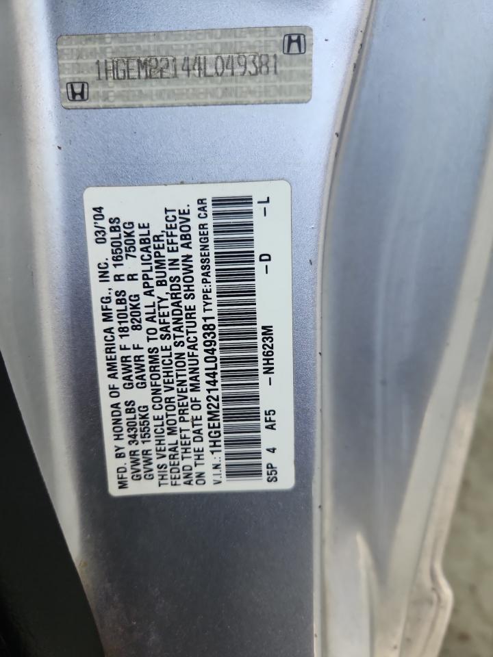 2004 Honda Civic Dx Vp VIN: 1HGEM22144L049381 Lot: 62825045