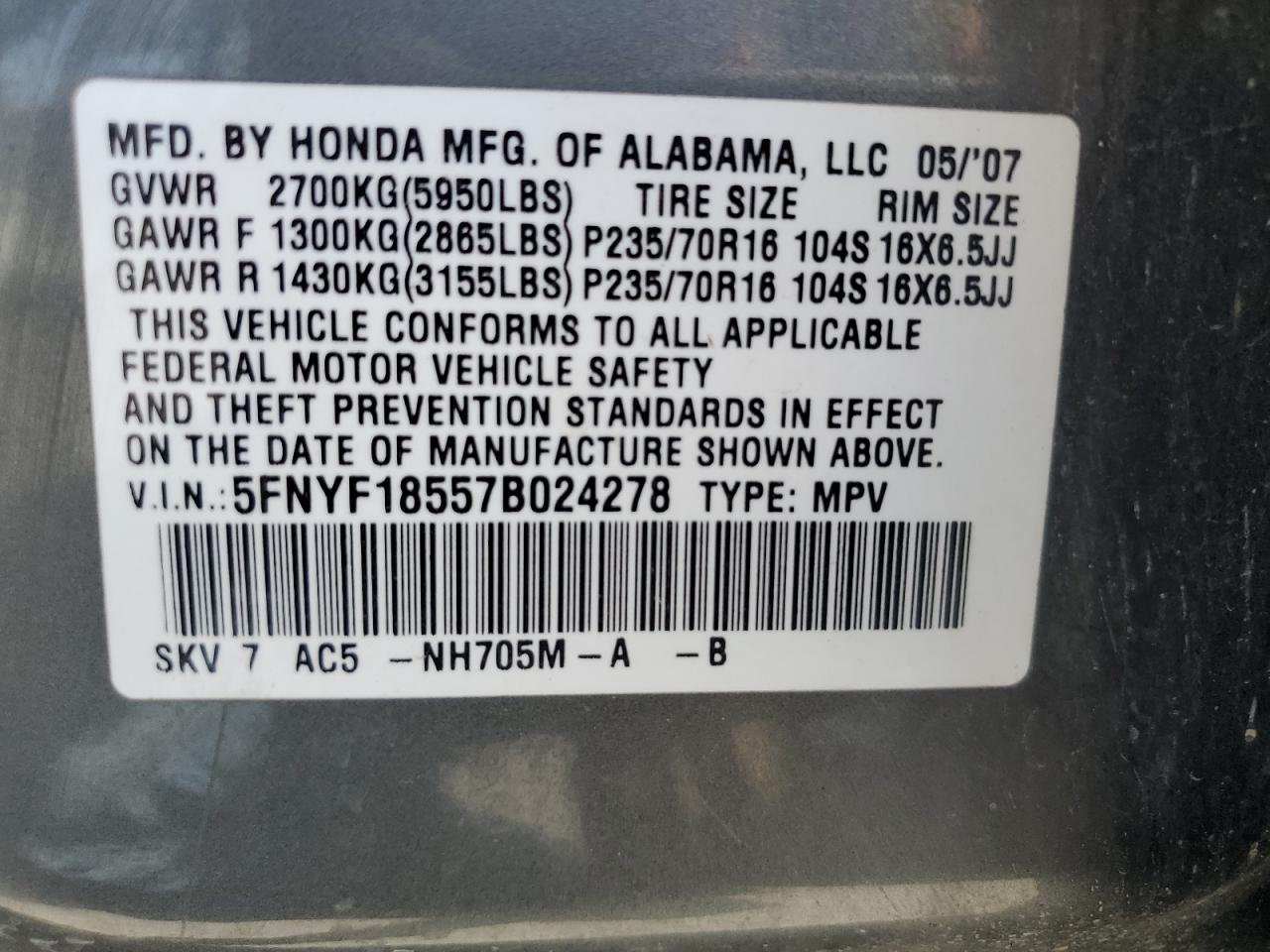 2007 Honda Pilot Exl VIN: 5FNYF18557B024278 Lot: 64236545
