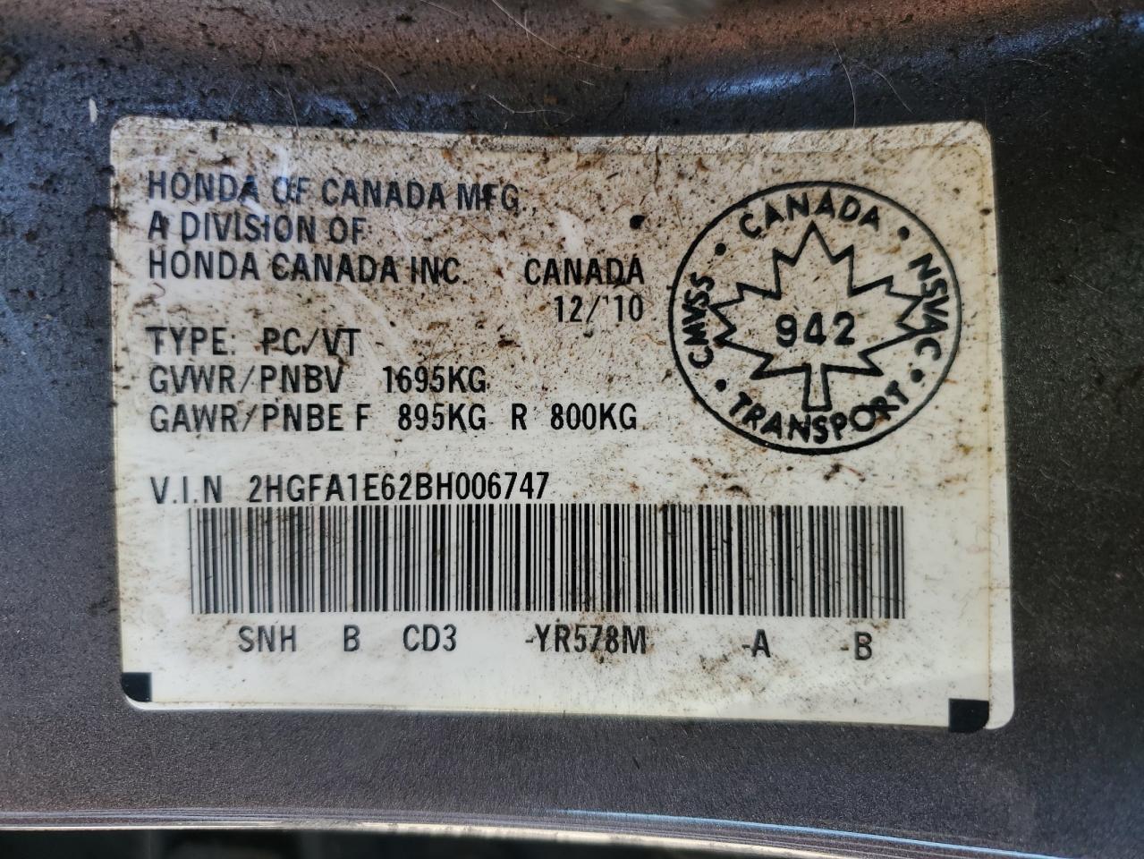 2011 Honda Civic Lx-S VIN: 2HGFA1E62BH006747 Lot: 64821595