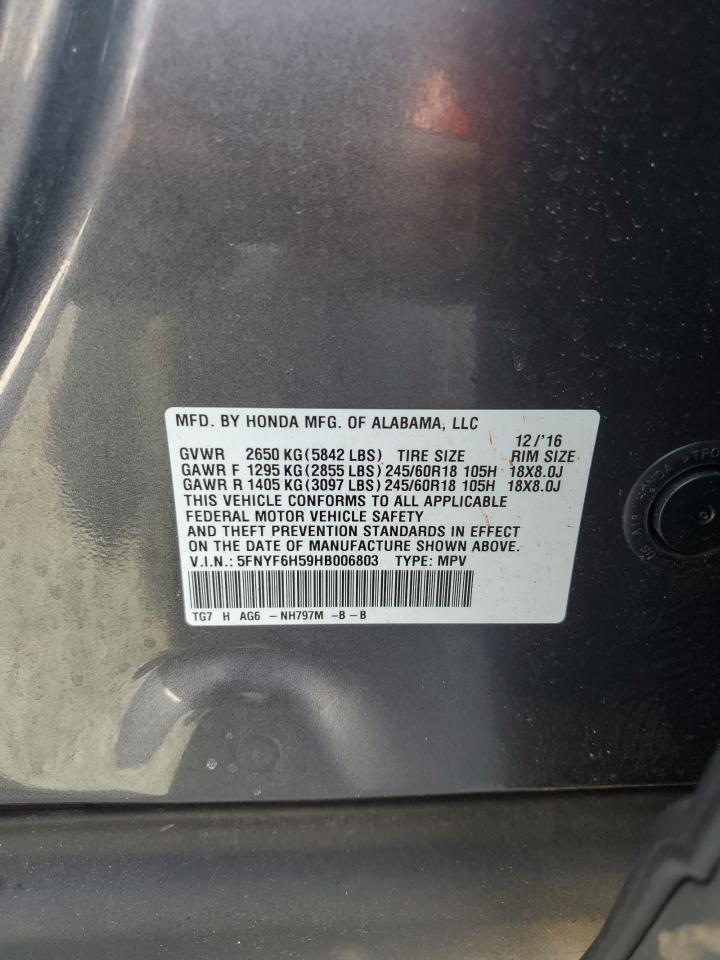 2017 Honda Pilot Exl VIN: 5FNYF6H59HB006803 Lot: 63103175